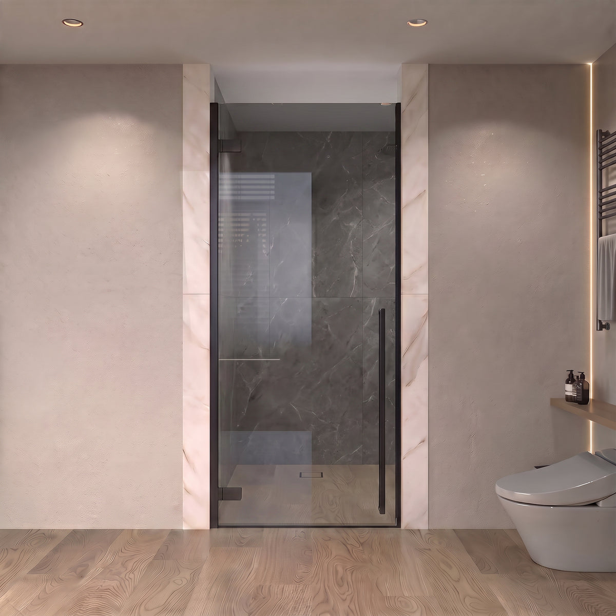29,9po–30,3po L (largeur ajustable) x 79po H Porte de douche pivotante réversible sans cadre en noir mat avec verre teinté noir