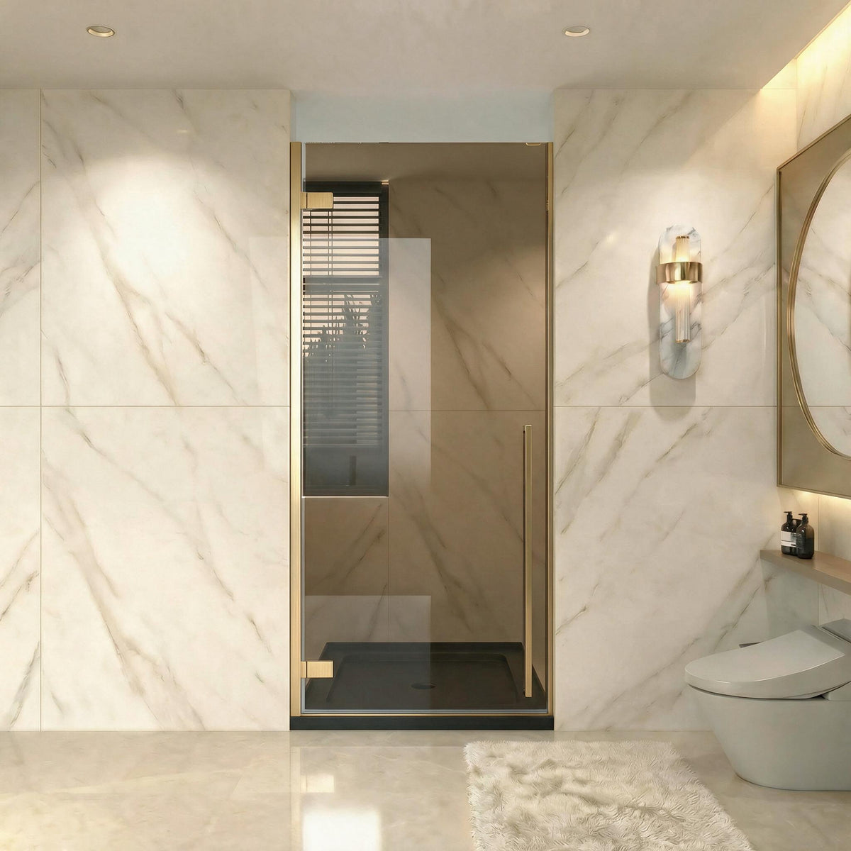 29,9po–30,3po L (largeur ajustable) x 79po H Porte de douche pivotante réversible sans cadre en or brossé avec verre brun et base noire 32po