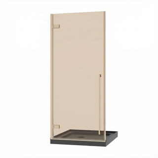 32 po x 79 po Porte de Douche Pivotante Or Brossé Réversible avec Verre Teinté Brun et 32 po x 32 po Base de Douche en Acrylique Noir Brillant avec Drain au Coin