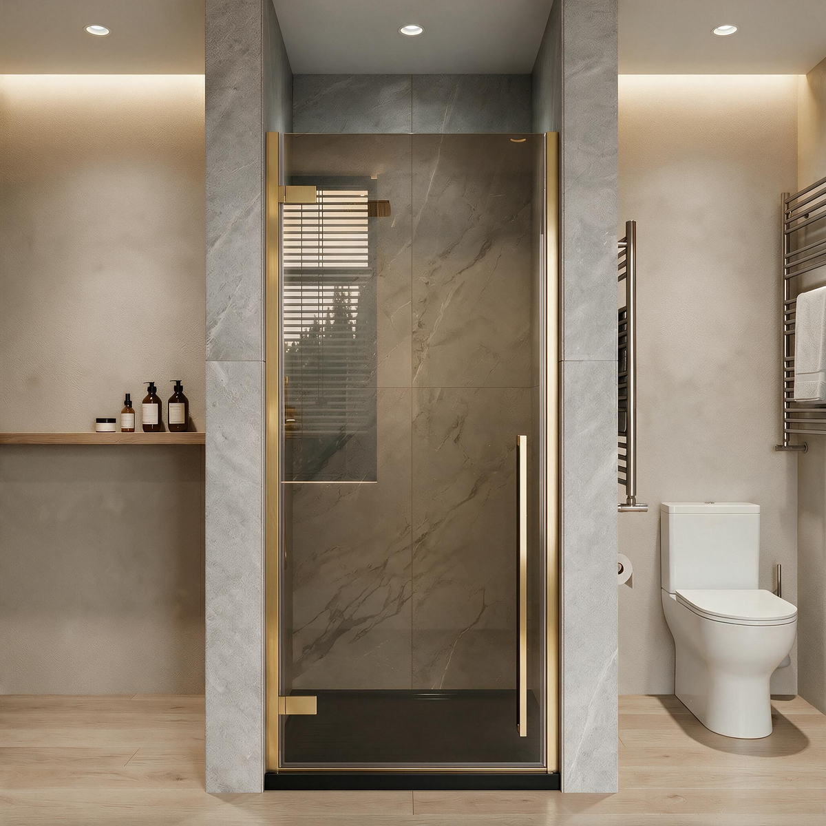 29,9po–30,3po L (largeur ajustable) x 79po H Porte de douche pivotante réversible sans cadre en or brossé avec verre brun et base noire 32po