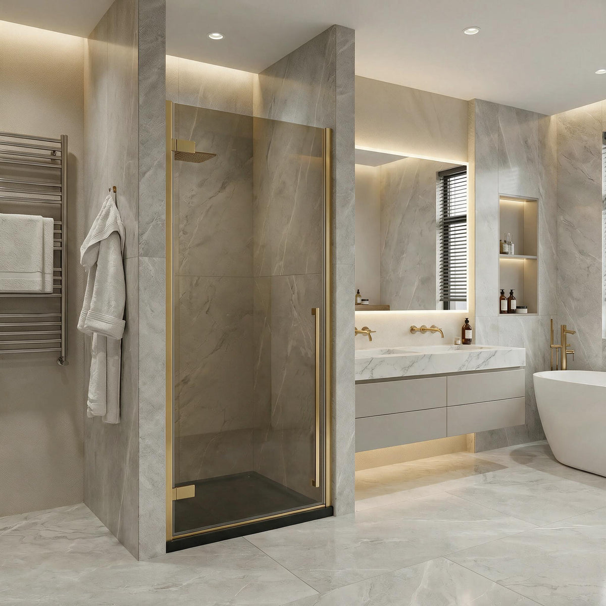 29,9po–30,3po L (largeur ajustable) x 79po H Porte de douche pivotante réversible sans cadre en or brossé avec verre brun et base noire 32po