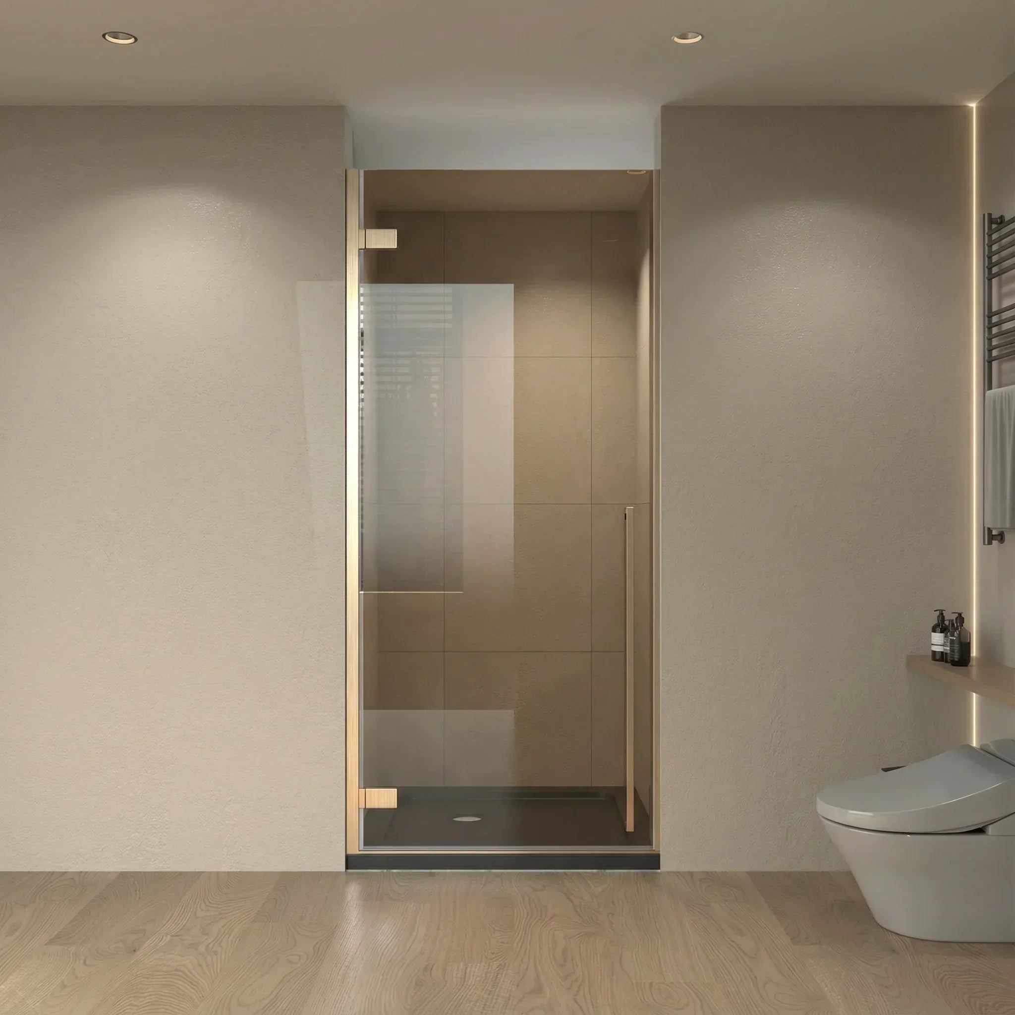 Porte de douche pivotante réversible or brossé 32po x 79po avec verre teinté brun et base de douche noire brillante 32po x 32po