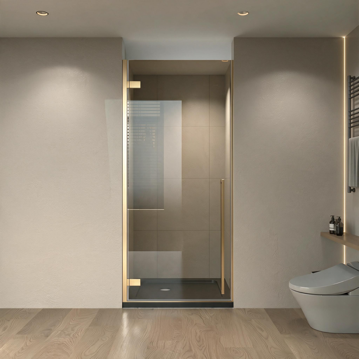 29,9po–30,3po L (largeur ajustable) x 79po H Porte de douche pivotante réversible sans cadre en or brossé avec verre brun et base noire 32po