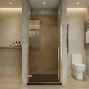 Porte de douche pivotante réversible or brossé 32po x 79po avec verre teinté brun et base de douche noire brillante 32po x 32po