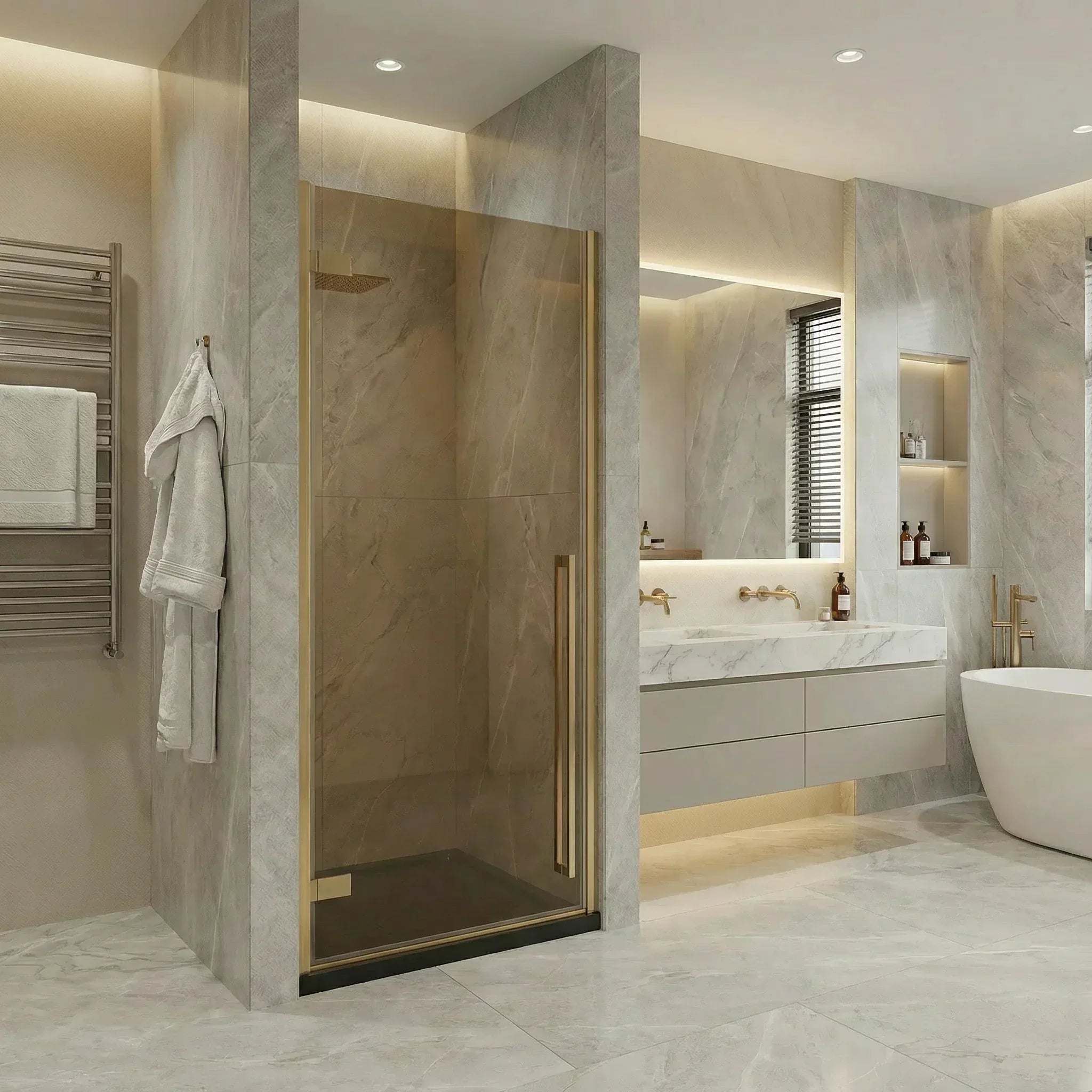 Porte de douche pivotante réversible or brossé 32po x 79po avec verre teinté brun et base de douche noire brillante 32po x 32po