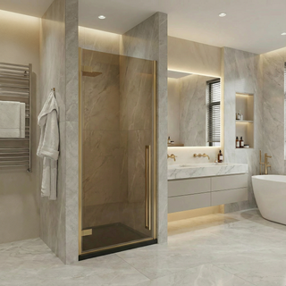 32 po x 79 po Porte de Douche Pivotante Or Brossé Réversible avec Verre Teinté Brun et 32 po x 32 po Base de Douche en Acrylique Noir Brillant avec Drain au Coin