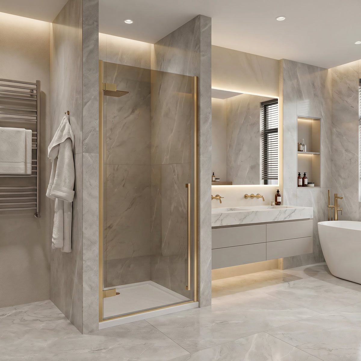 29,9po–30,3po L (largeur ajustable) x 79po H Porte de douche pivotante réversible sans cadre en or brossé avec verre teinté brun et base blanche 32po