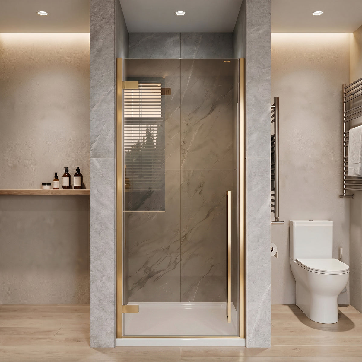 29,9po–30,3po L (largeur ajustable) x 79po H Porte de douche pivotante réversible sans cadre en or brossé avec verre teinté brun et base blanche 32po