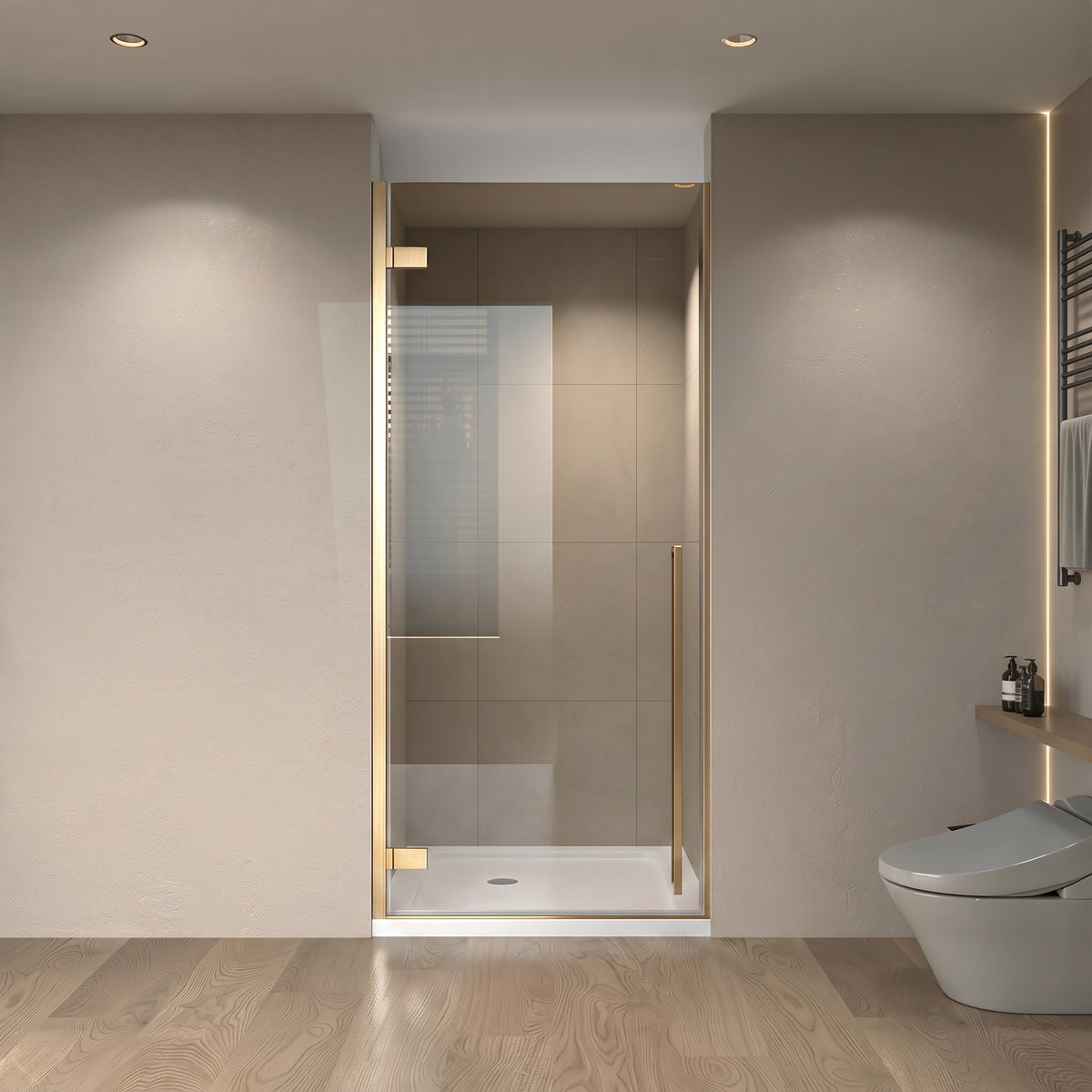 29,9po–30,3po L (largeur ajustable) x 79po H Porte de douche pivotante réversible sans cadre en or brossé avec verre teinté brun et base blanche 32po