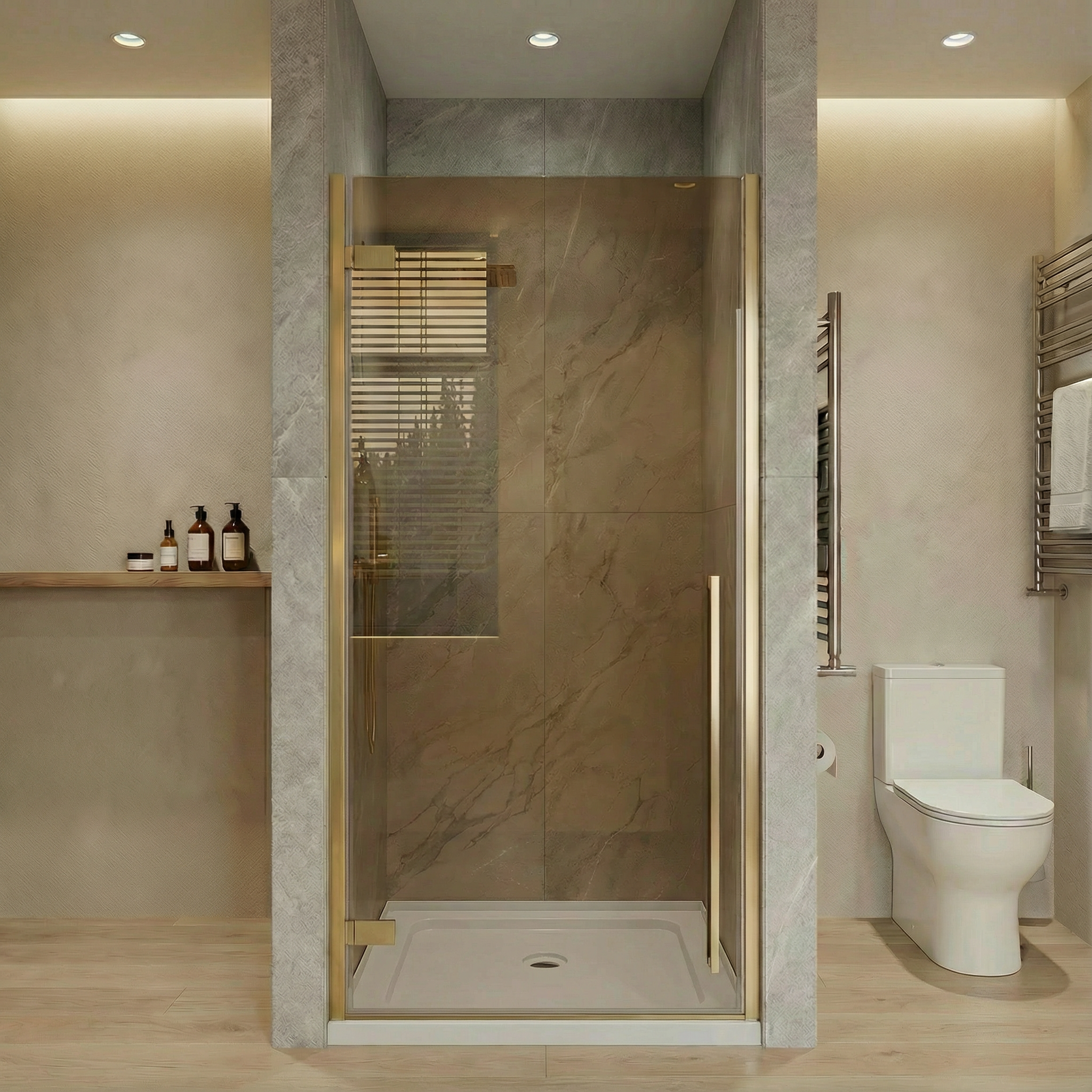 32" x 79" Reversible Pivot Shower Door in Brushed Gold with Brown Tinted Glass and 32" x 32" Glossy White Acrylic Shower Base with Corner Drain