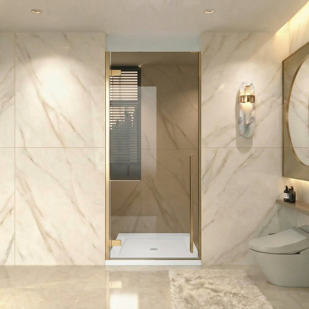 29,9po–30,3po L (largeur ajustable) x 79po H Porte de douche pivotante réversible sans cadre en or brossé avec verre teinté brun et base blanche 32po