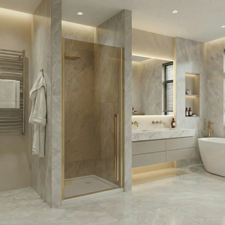 36" x 79" Reversible Pivot Shower Door in Brushed Gold with Brown Tinted Glass and 36" x 36" Glossy White Acrylic Shower Base with Corner Drain