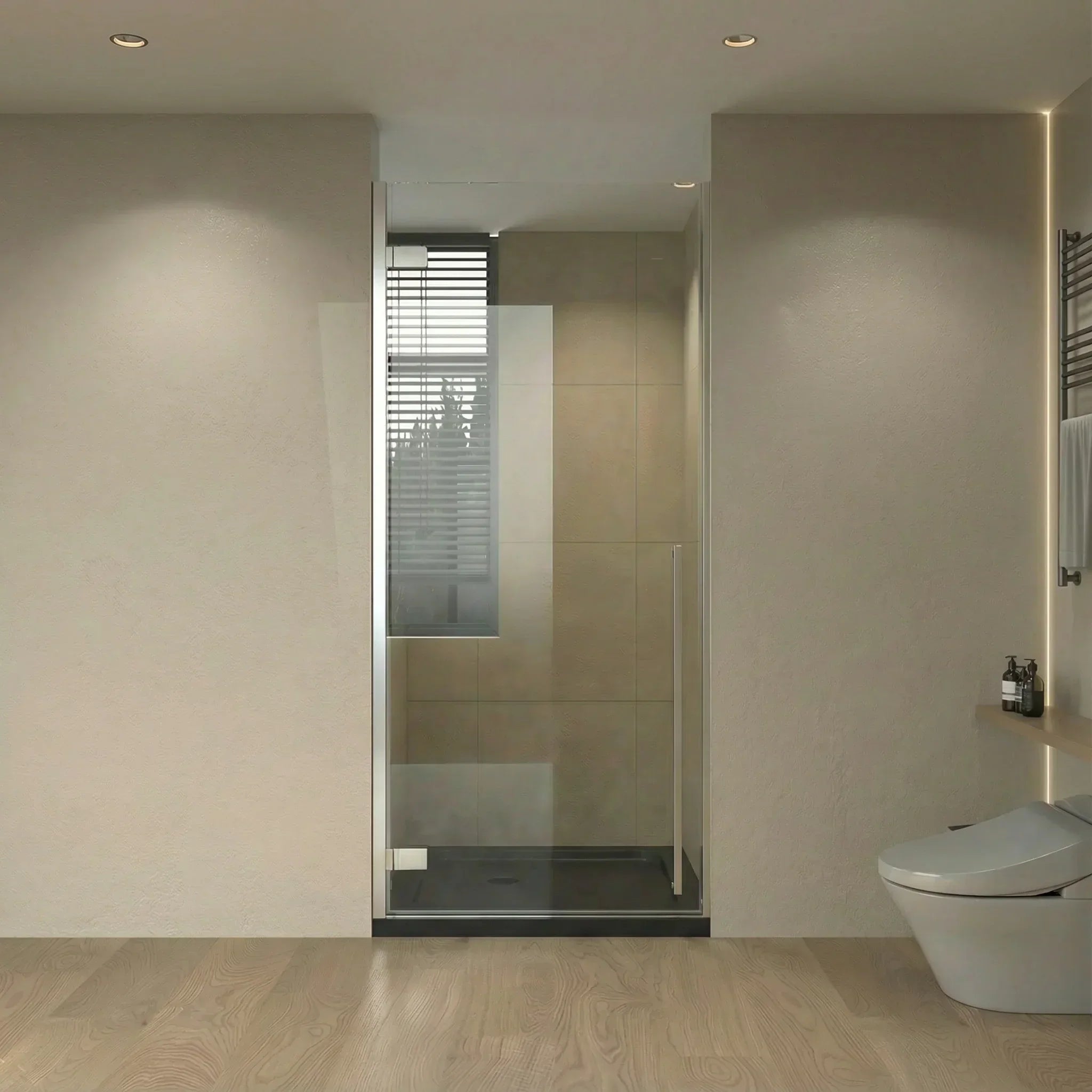 36" x 79" Chrome Pivot Shower Door with 36" Glossy Black Acrylic Base