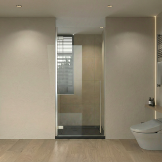 32" x 79" Reversible Pivot Shower Door in Chrome with Clear Glass and 32" x 32" Glossy Black Acrylic Shower Base with Corner Drain