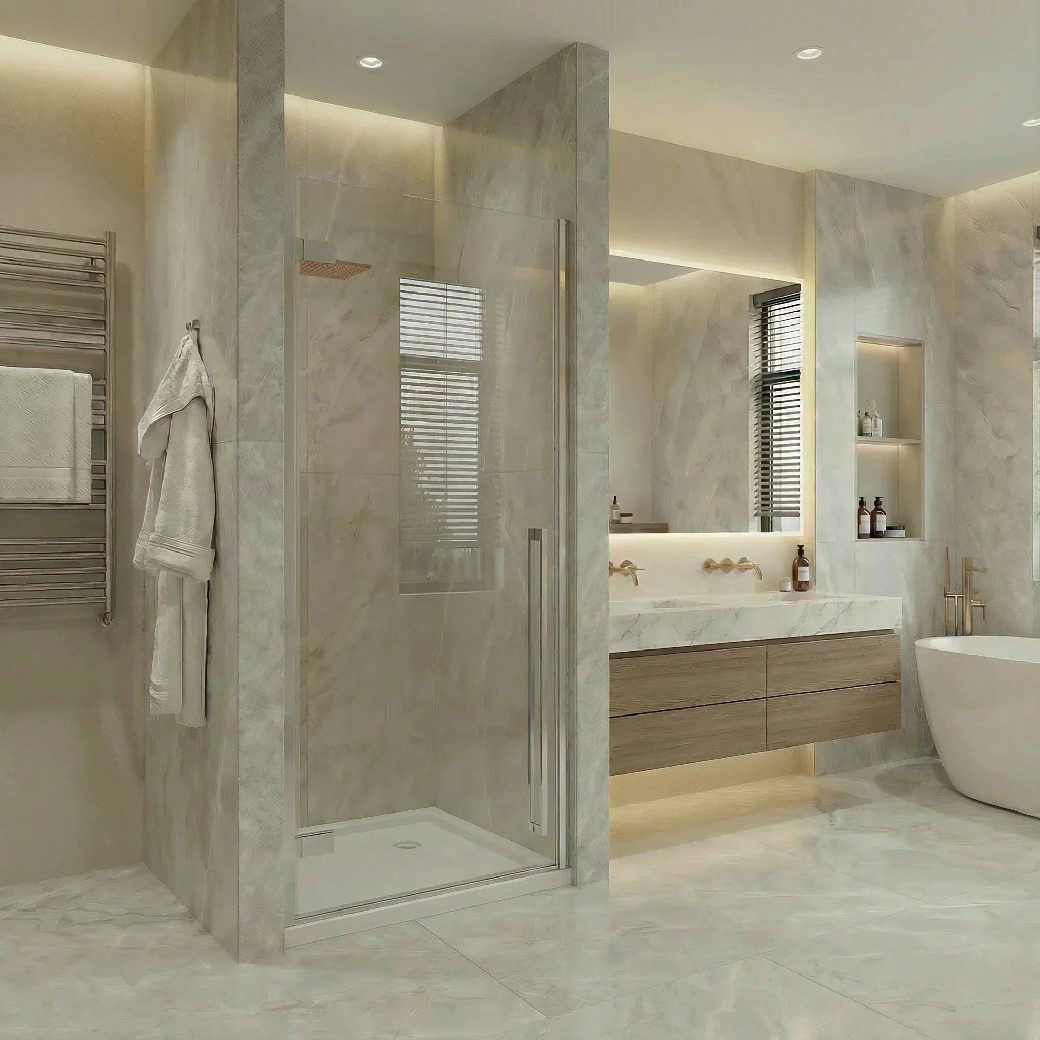 Porte de douche pivotante chrome réversible 32po x 79po avec base acrylique blanche 32po x 32po