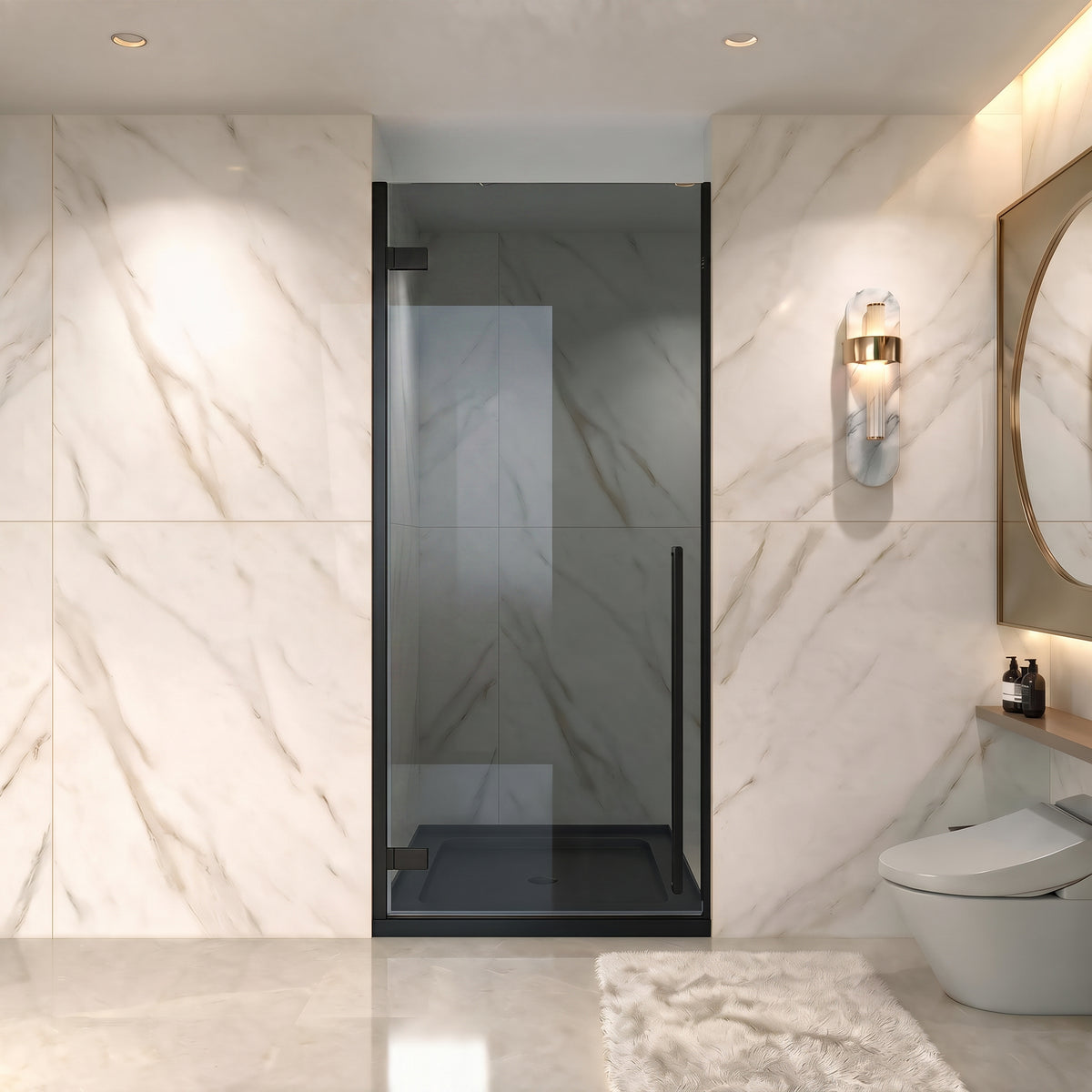 29,9po–30,3po L (largeur ajustable) x 79po H Porte de douche pivotante réversible sans cadre en noir mat avec verre teinté noir et base acrylique noire brillante 32po