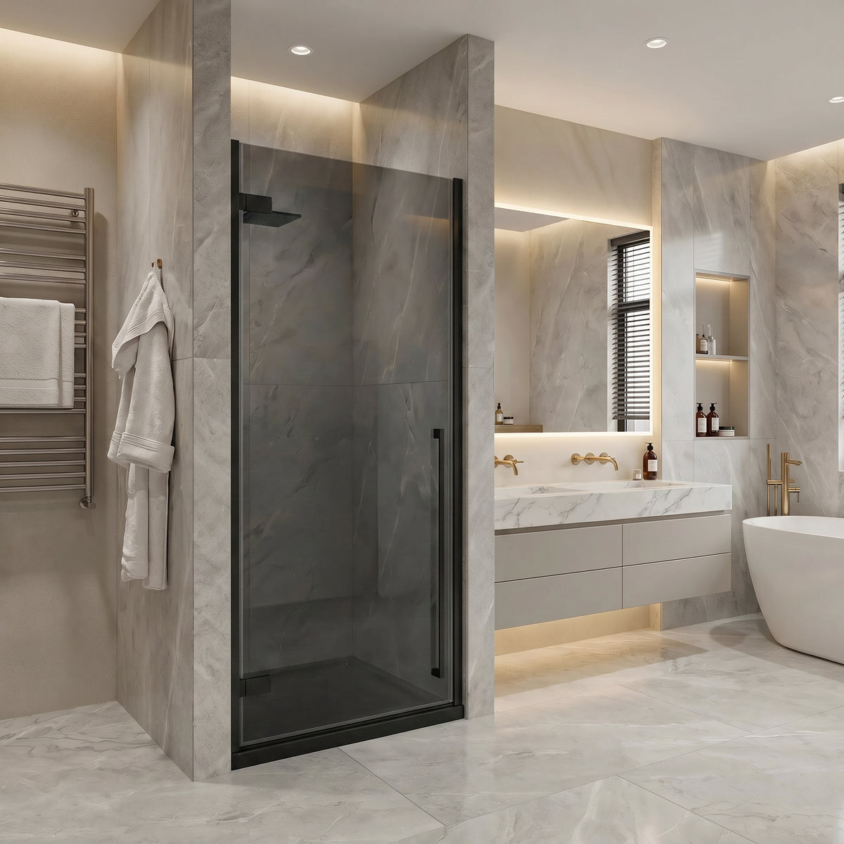29.9"–30.3" W (Adjustable Width) x 79" H Frameless Reversible Pivot Shower Door in Matte Black with Black Tinted Glass and 32" Glossy Black Acrylic Shower Base