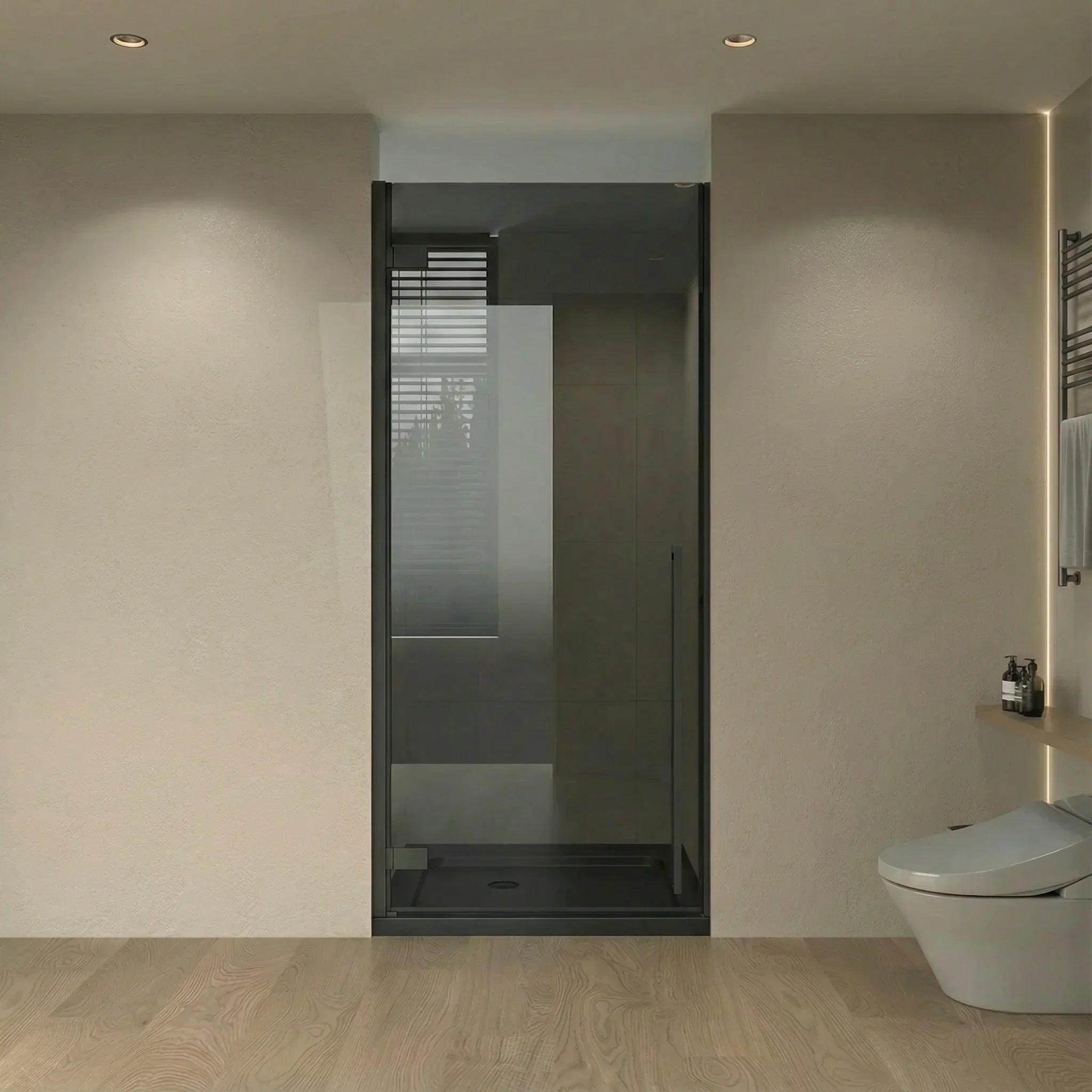 Porte de douche pivotante réversible noir mat 32po x 79po avec verre teinté noir et base de douche acrylique noire brillante 32po x 32po