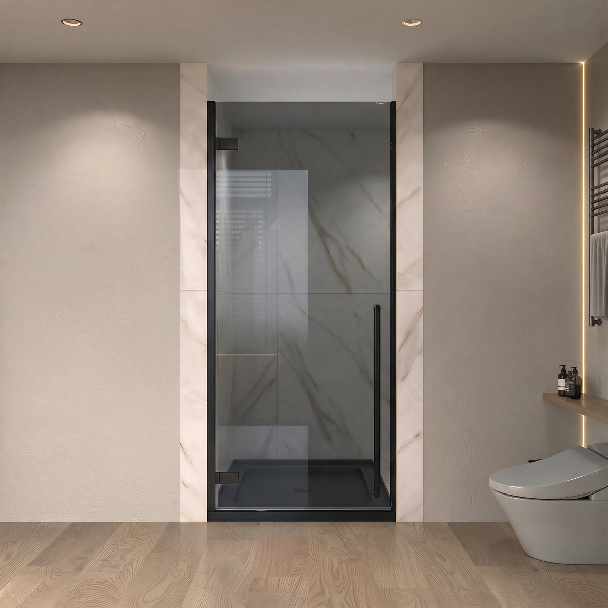 29.9"–30.3" W (Adjustable Width) x 79" H Frameless Reversible Pivot Shower Door in Matte Black with Black Tinted Glass and 32" Glossy Black Acrylic Shower Base
