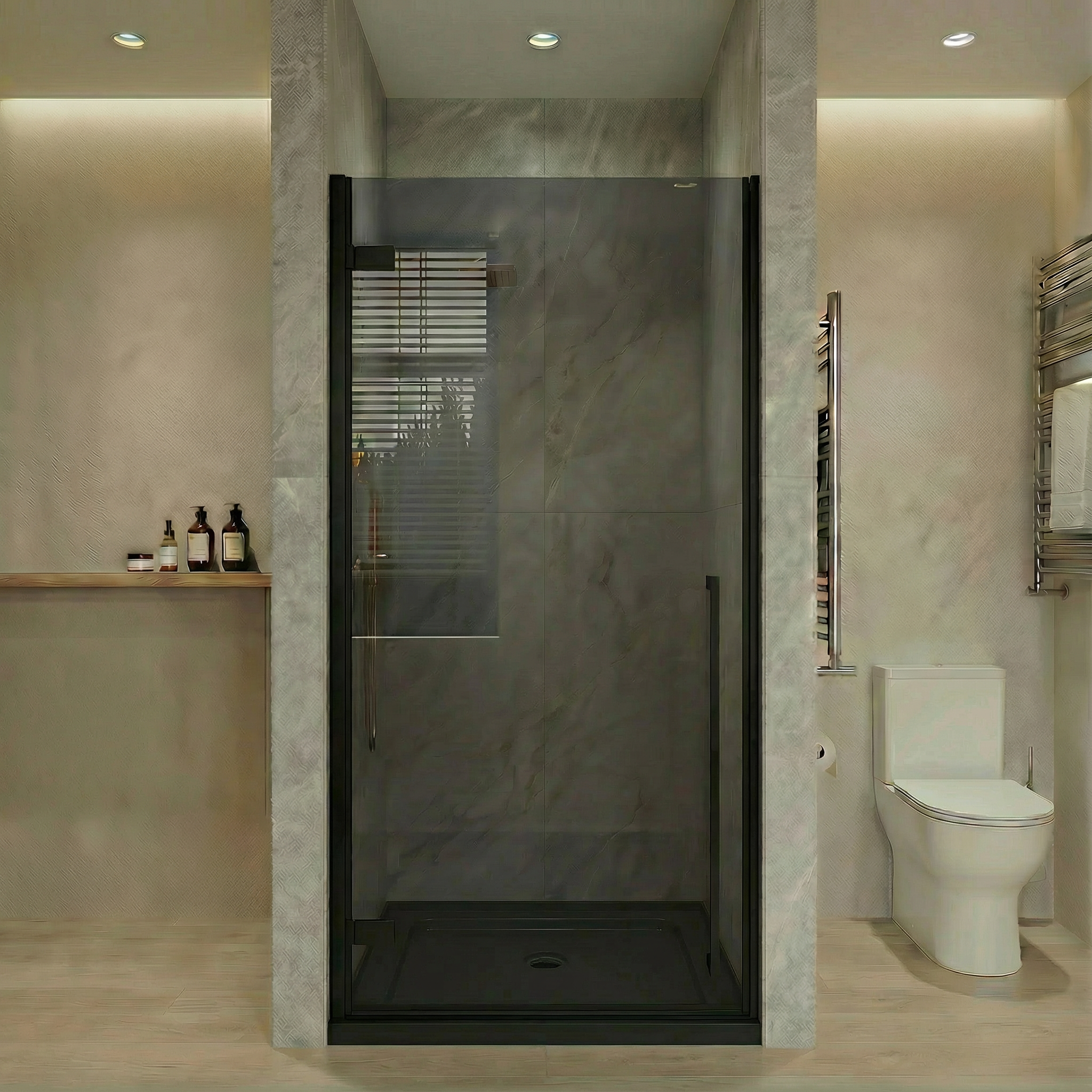 32" x 79" Reversible Pivot Shower Door in Matte Black with Black Tinted Glass and 32" x 32" Glossy Black Acrylic Shower Base with Corner Drain