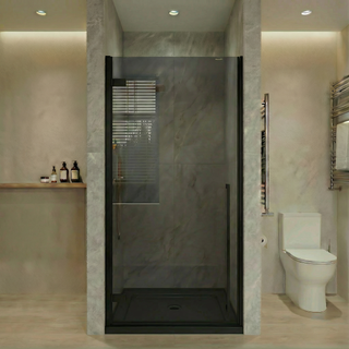 36 po x 79 po Porte de Douche Pivotante Noir Mat Réversible avec Verre Teinté Noir et 36 po x 36 po Base de Douche en Acrylique Noir Brillant avec Drain au Coin
