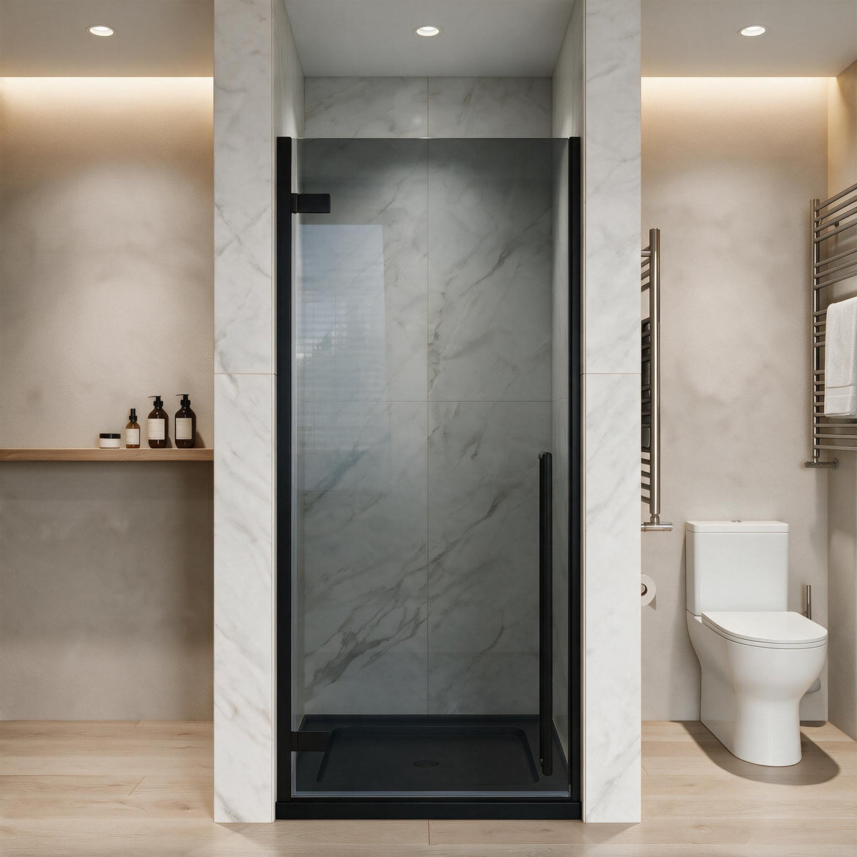 29.9"–30.3" W (Adjustable Width) x 79" H Frameless Reversible Pivot Shower Door in Matte Black with Black Tinted Glass and 32" Glossy Black Acrylic Shower Base