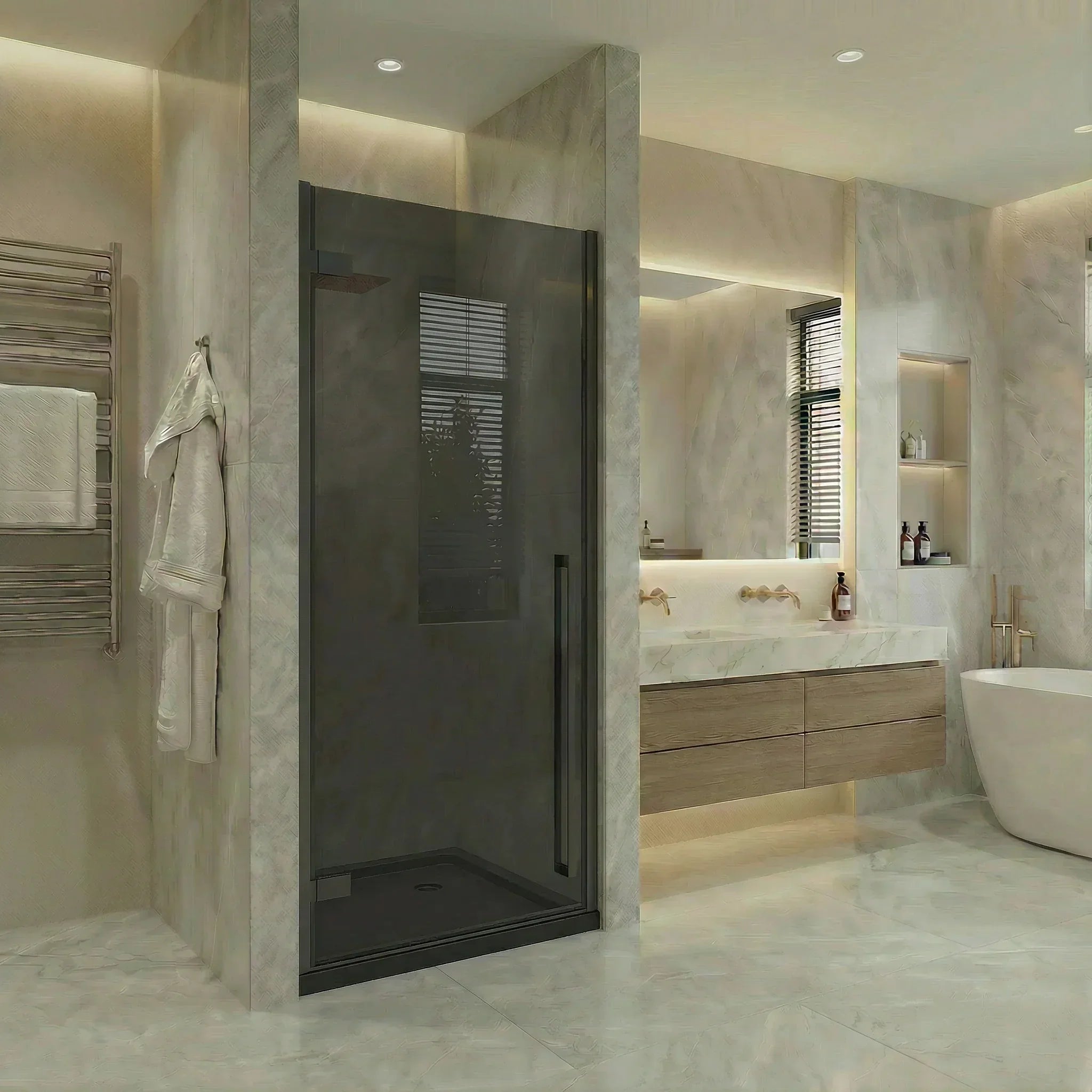 Porte de douche pivotante réversible noir mat 32po x 79po avec verre teinté noir et base de douche acrylique noire brillante 32po x 32po