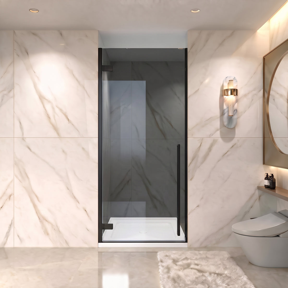 29,9po–30,3po L (largeur ajustable) x 79po H Porte de douche pivotante réversible sans cadre en noir mat avec base acrylique blanche
