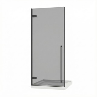 32" x 79" Reversible Pivot Shower Door in Matte Black with Black Tinted Glass and 32" x 32" Glossy White Acrylic Shower Base with Corner Drain