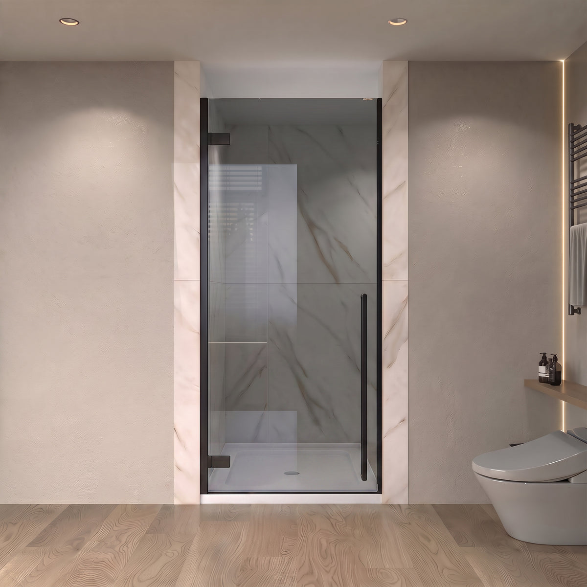 29.9"–30.3" W (Adjustable Width) x 79" H Frameless Reversible Pivot Shower Door in Matte Black with White Acrylic Base