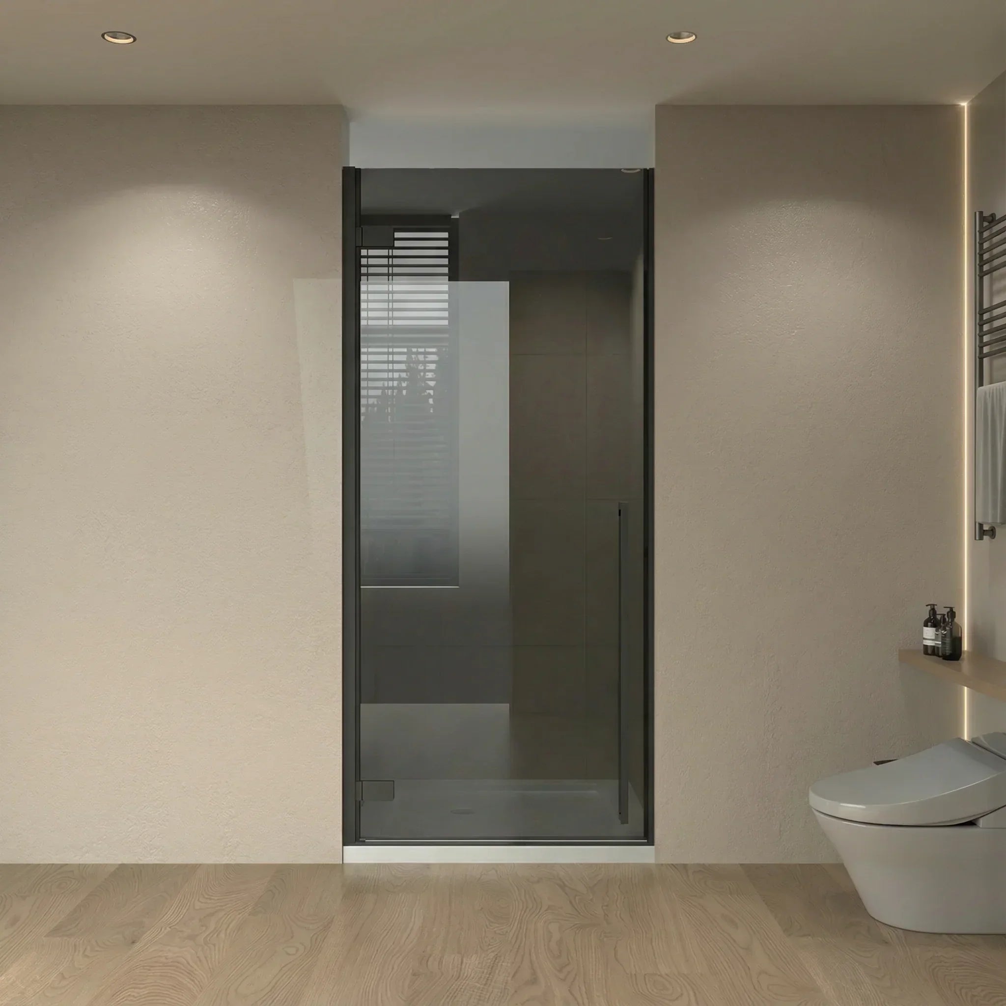 32" x 79" Matte Black Pivot Shower Door with White Acrylic Base