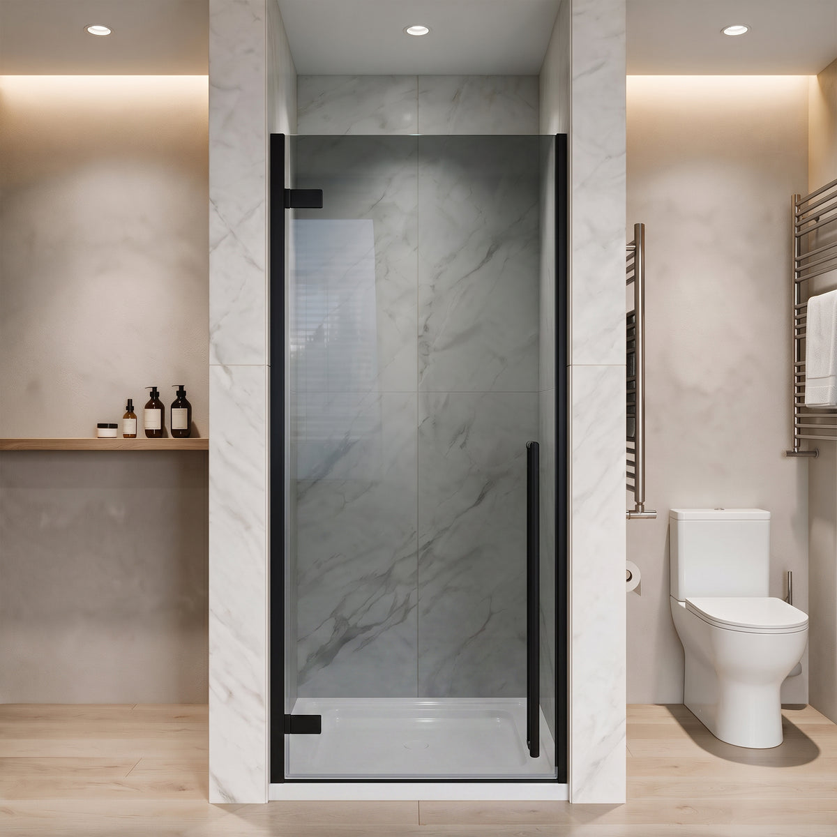 29.9"–30.3" W (Adjustable Width) x 79" H Frameless Reversible Pivot Shower Door in Matte Black with White Acrylic Base