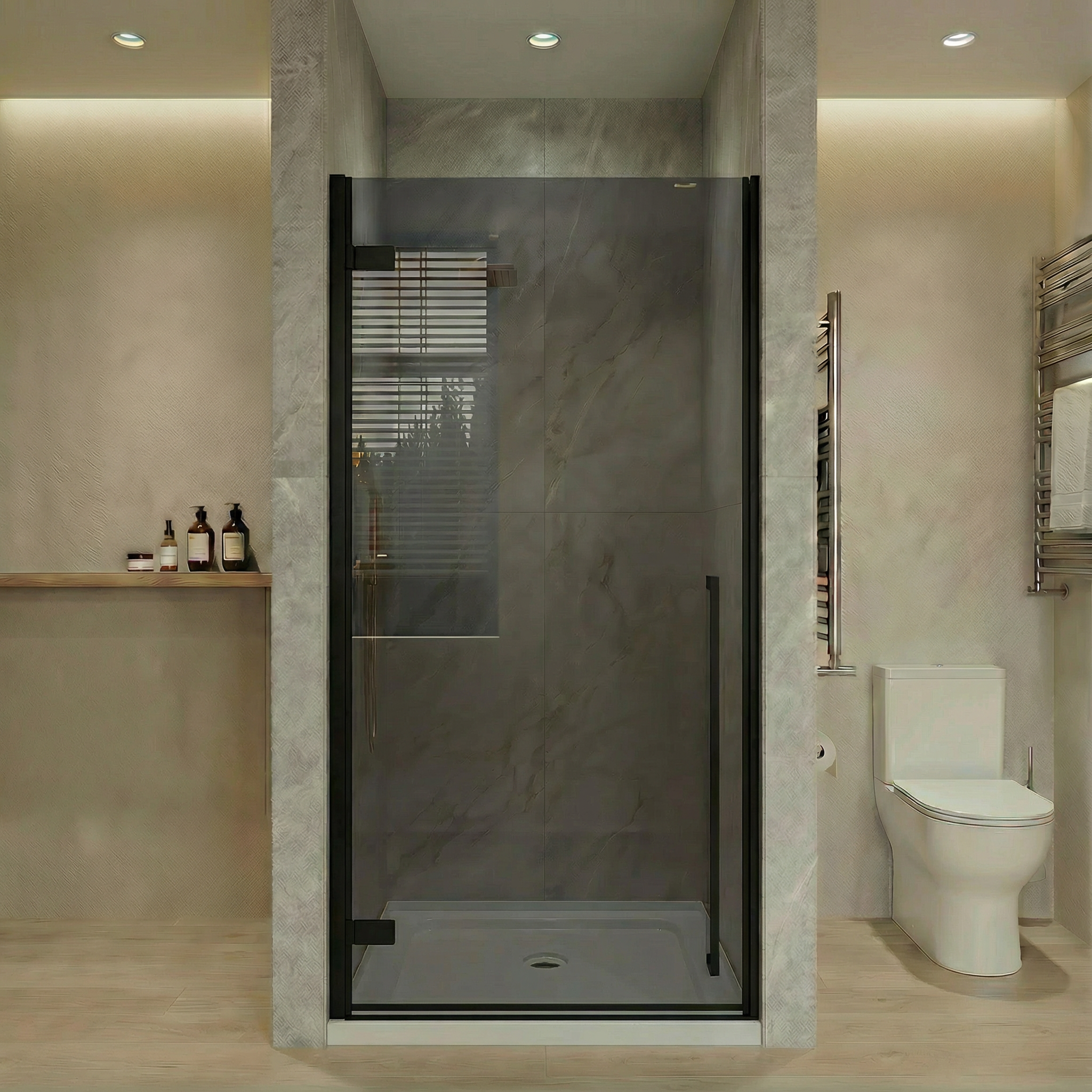 32" x 79" Reversible Pivot Shower Door in Matte Black with Black Tinted Glass and 32" x 32" Glossy White Acrylic Shower Base with Corner Drain