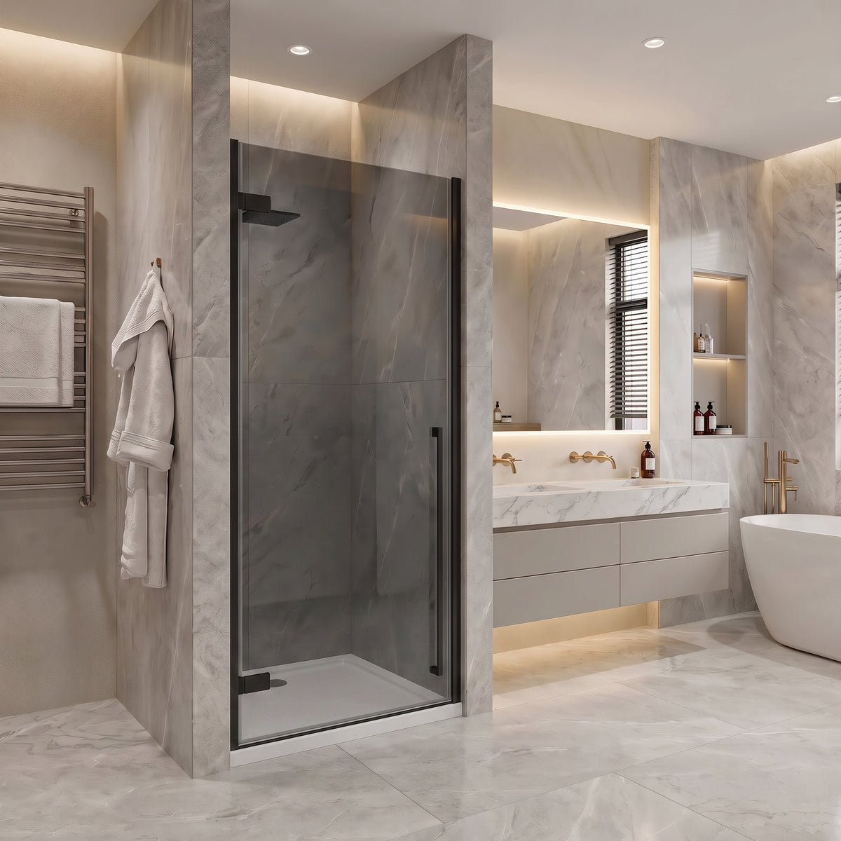 29.9"–30.3" W (Adjustable Width) x 79" H Frameless Reversible Pivot Shower Door in Matte Black with White Acrylic Base