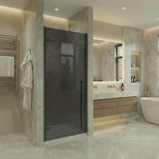 32" x 79" Reversible Pivot Shower Door in Matte Black with Black Tinted Glass and 32" x 32" Glossy White Acrylic Shower Base with Corner Drain