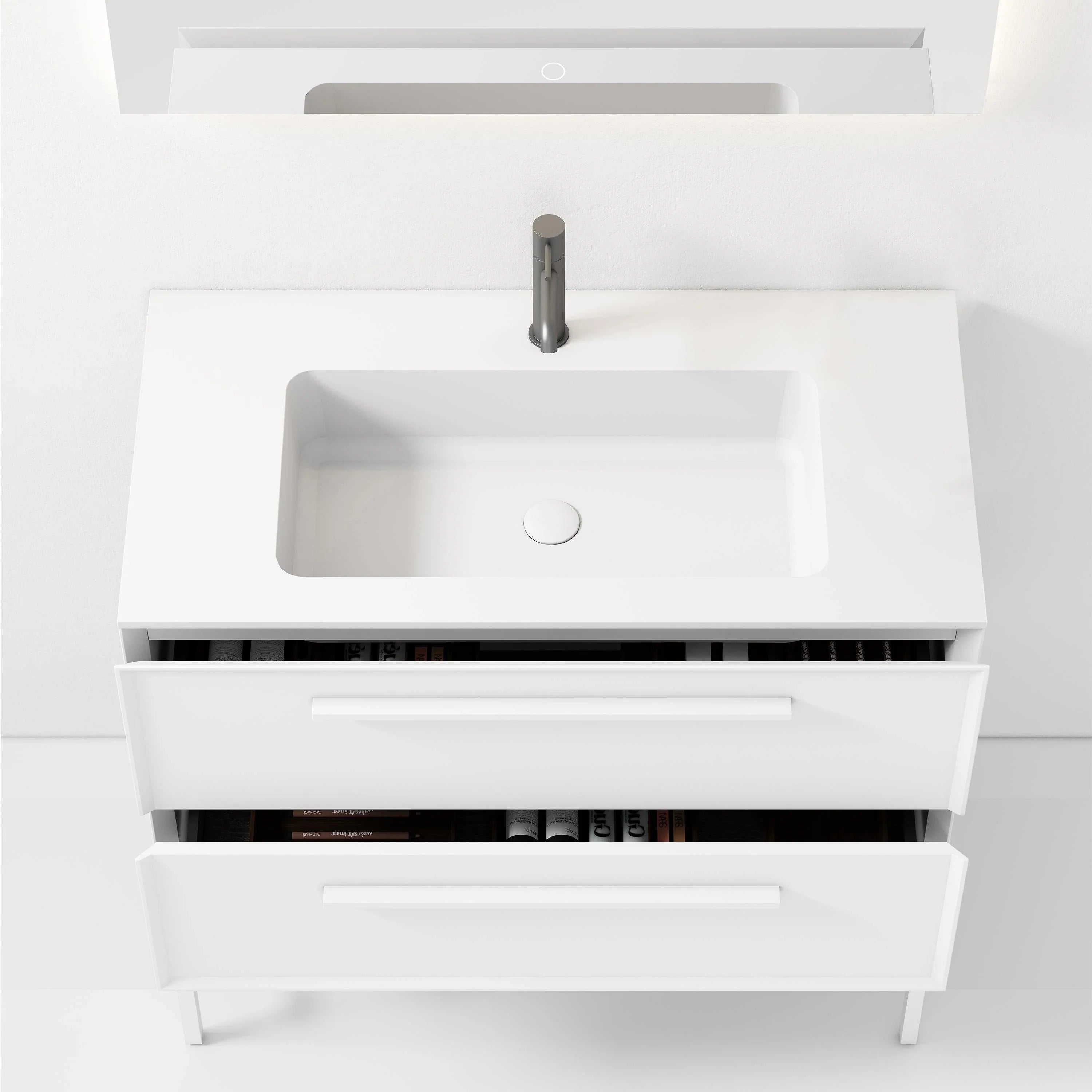 36" White Vanity w/Matte White Solid Surface countertop Snow White Collection - Combo - Golden Elite Deco