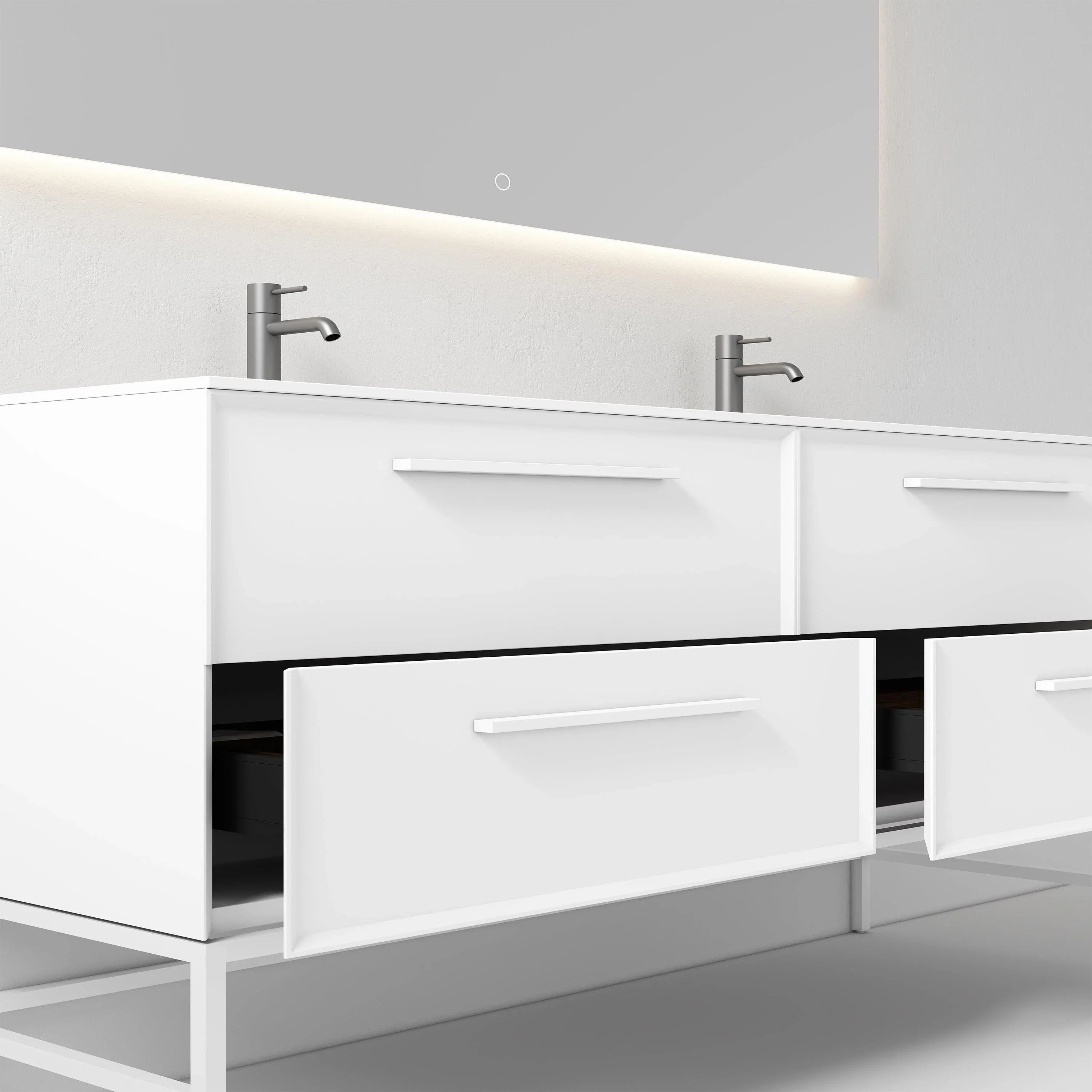 60" White Vanity w/Matte White Solid Surface countertop Double sink Snow White Collection - Combo - Golden Elite Deco