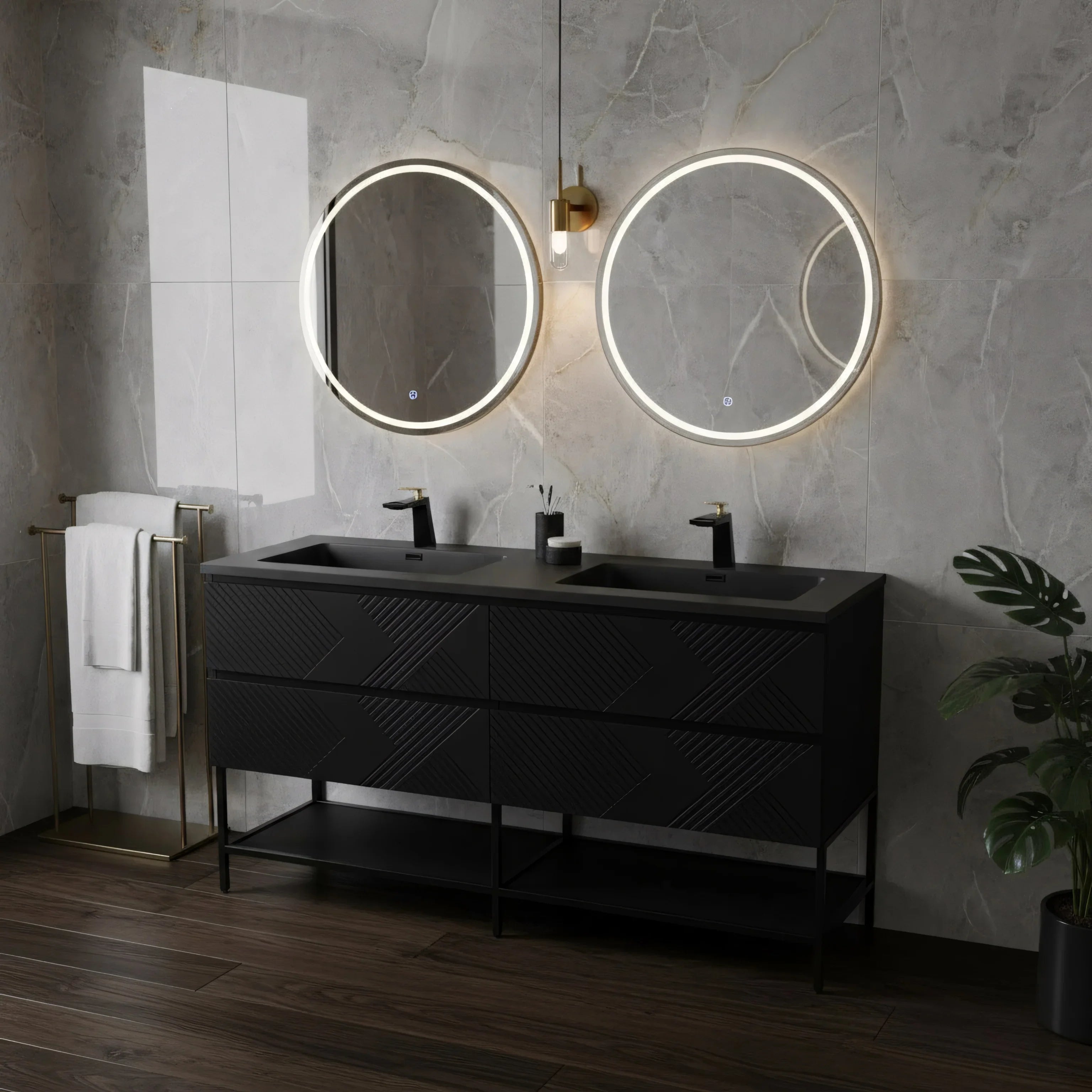 Meuble-lavabo mural noir 60" avec Comptoir en quartz technique noir