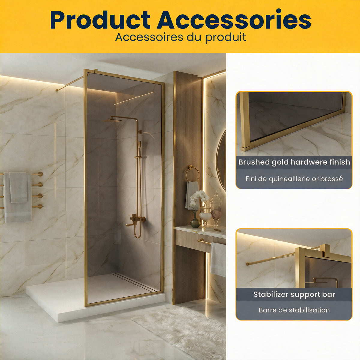 34" x 79" Reversible Framed Walk-In Shower Panel in Brushed Gold with Brown Tinted Glass