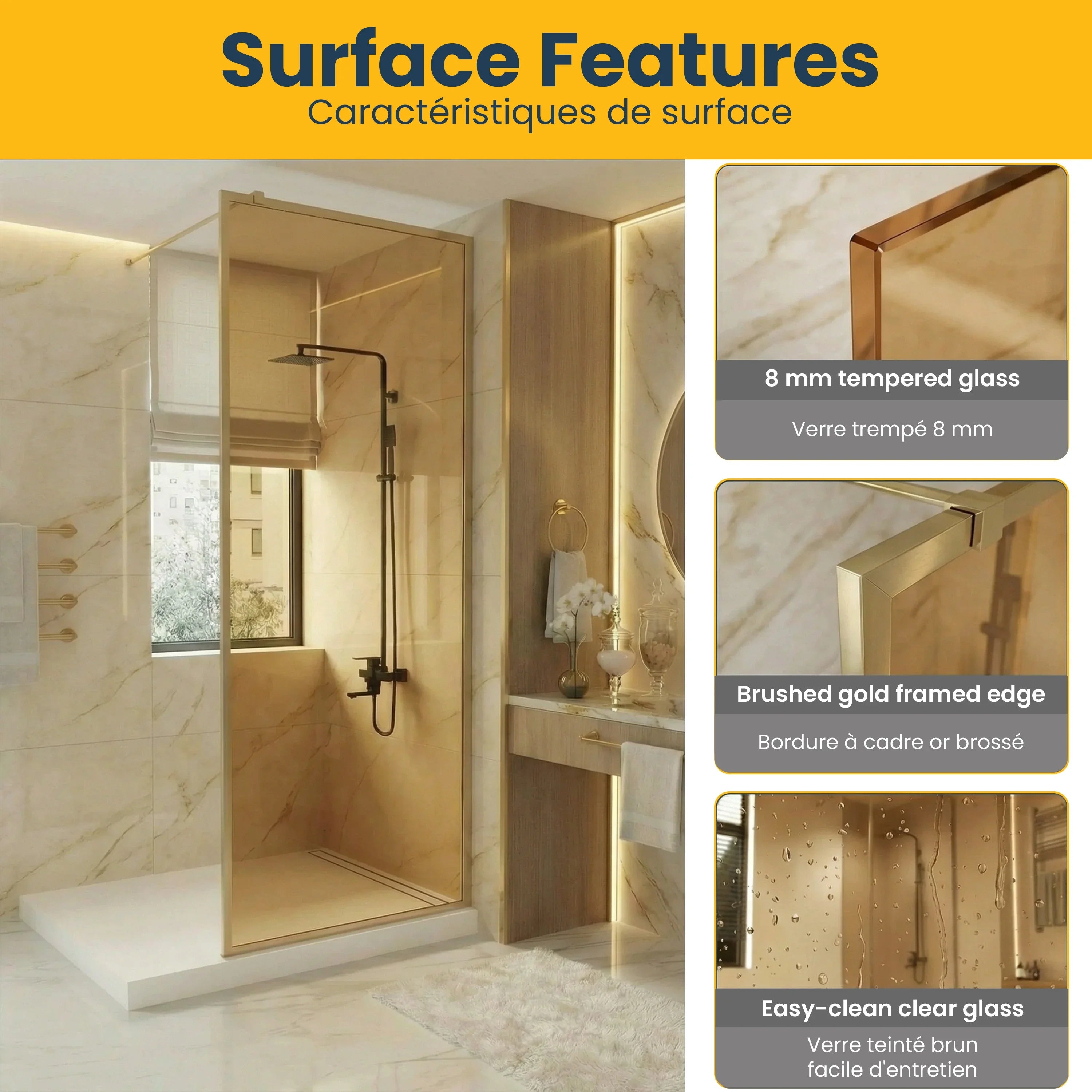 34" x 79" Reversible Framed Walk-In Shower Panel in Brushed Gold with Brown Tinted Glass