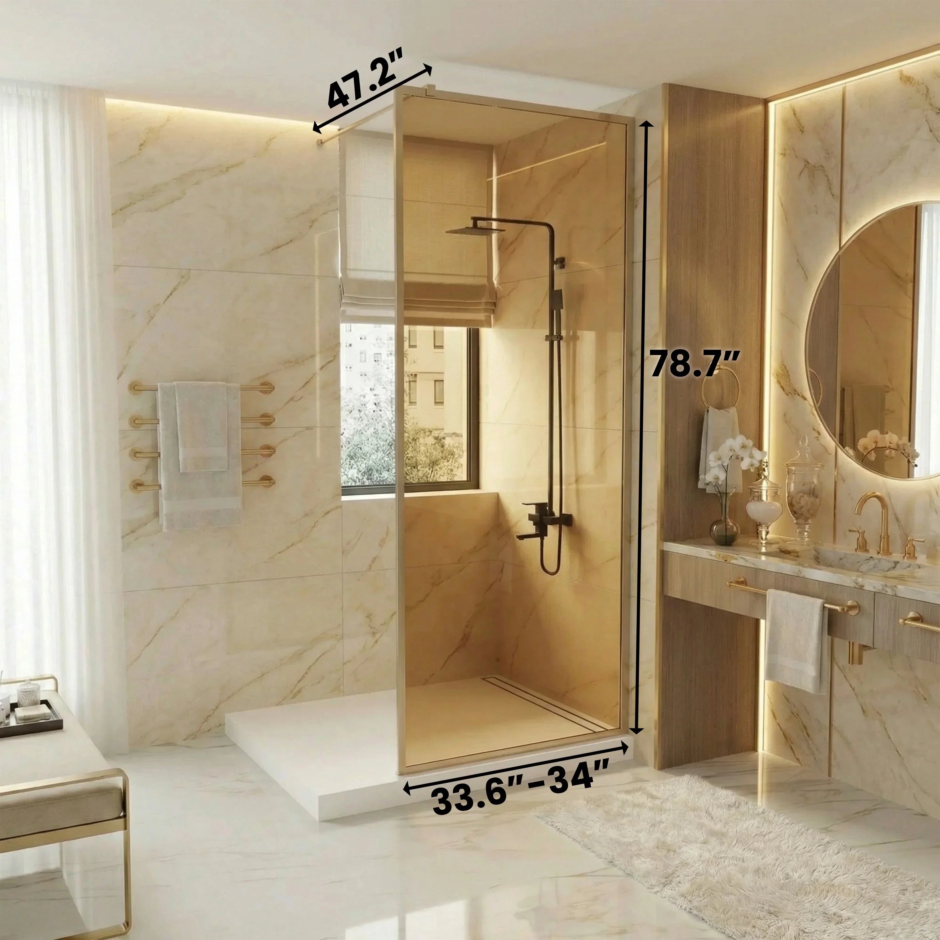 Panneau de douche walk-in 34po x 79po réversible encadré or brossé avec verre brun teinté