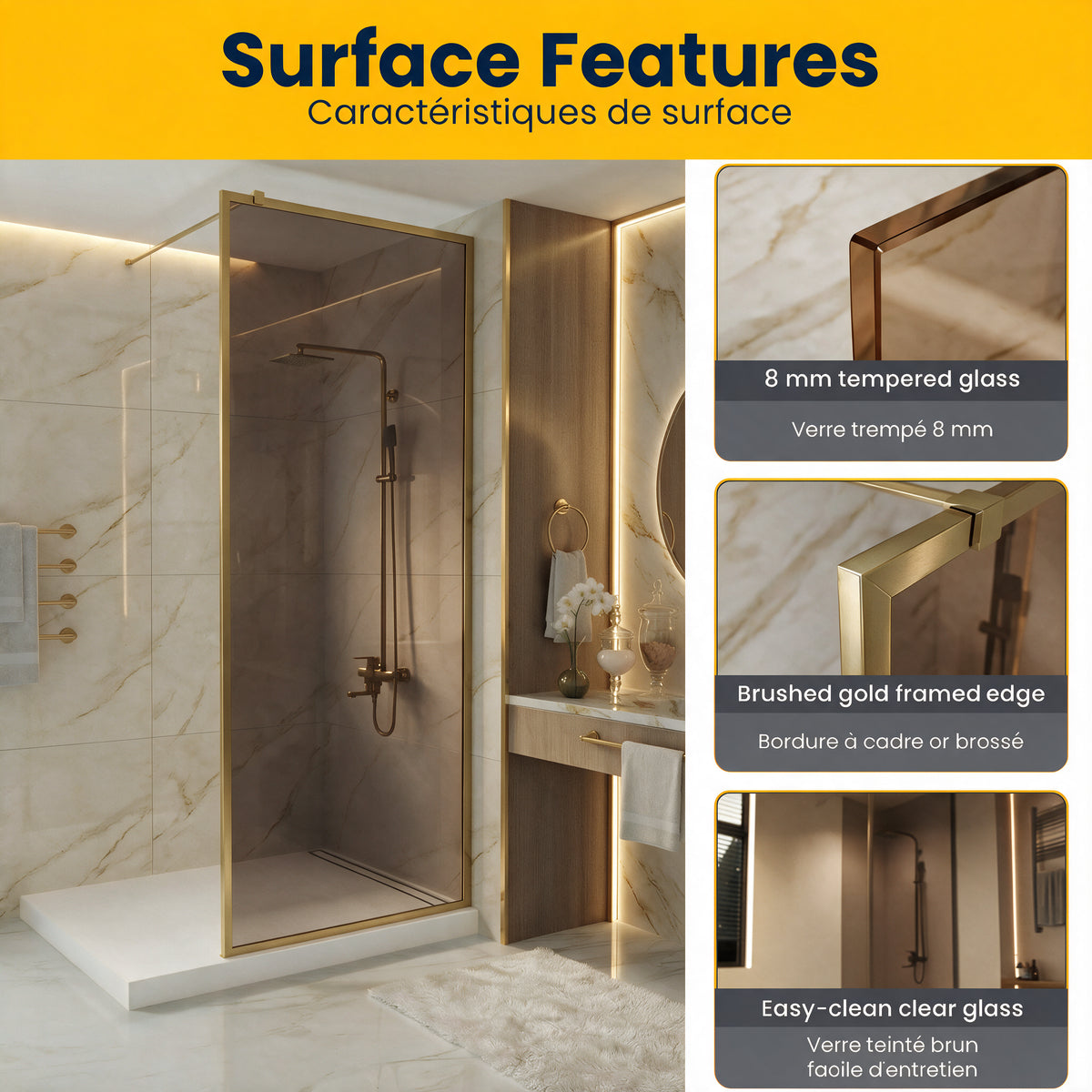 34" x 79" Reversible Framed Walk-In Shower Panel in Brushed Gold with Brown Tinted Glass