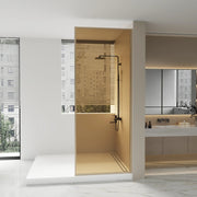 34" x 79" Reversible Framed Walk-In Shower Panel in Brushed Gold with Brown Tinted Glass