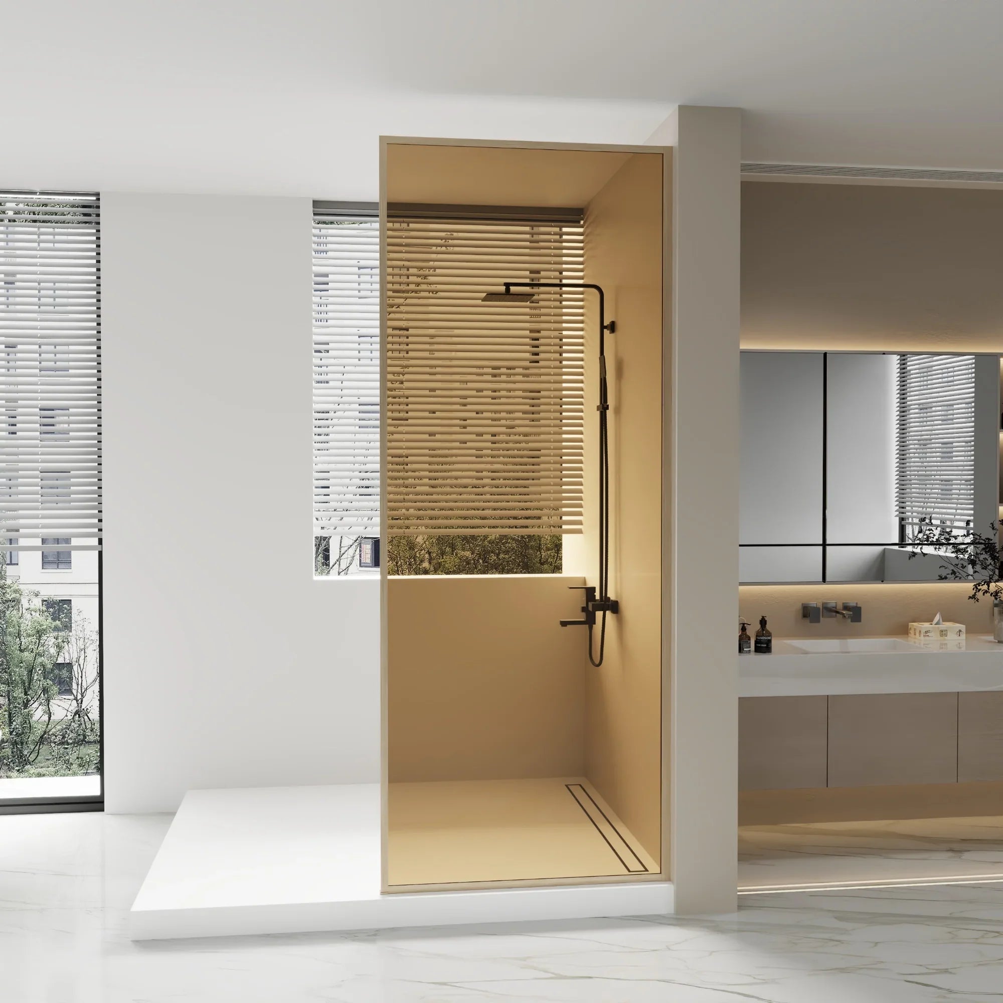 Panneau de douche walk-in 34po x 79po réversible encadré or brossé avec verre brun teinté