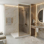 34" x 79" Reversible Framed Walk-In Shower Panel in Brushed Gold with Brown Tinted Glass