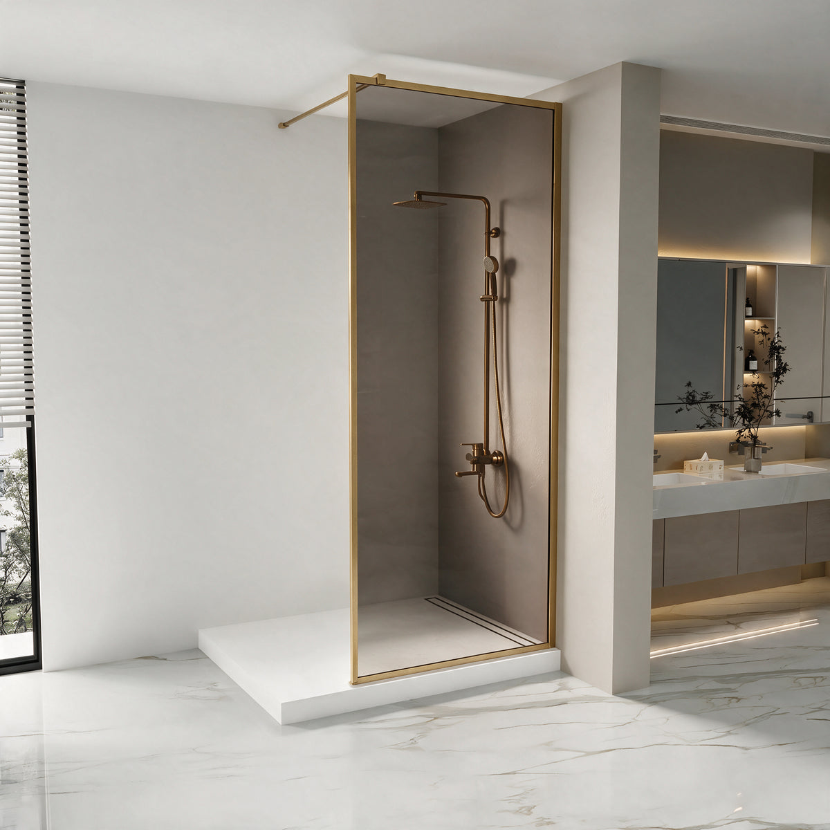 34" x 79" Reversible Framed Walk-In Shower Panel in Brushed Gold with Brown Tinted Glass
