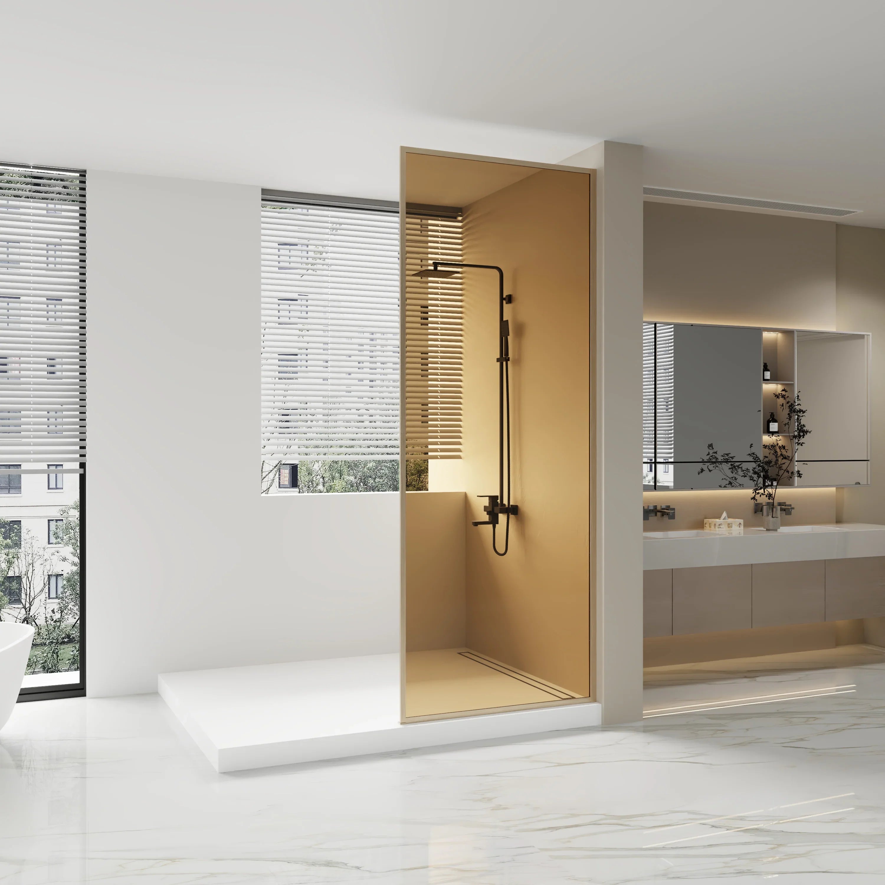 34" x 79" Reversible Framed Walk-In Shower Panel in Brushed Gold with Brown Tinted Glass