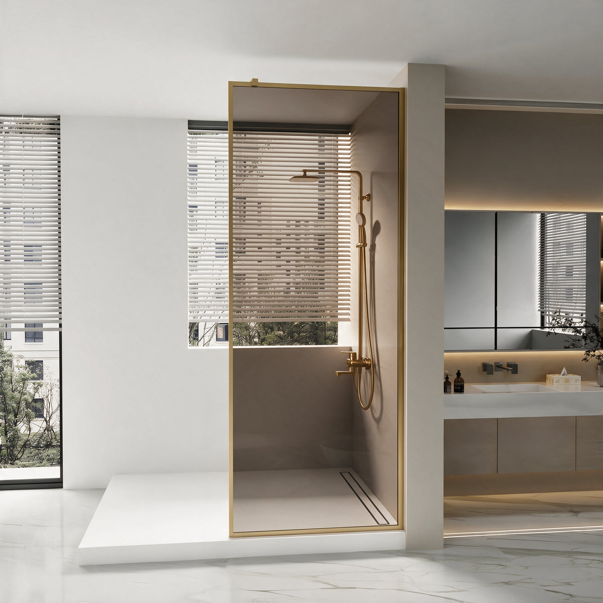 34" x 79" Reversible Framed Walk-In Shower Panel in Brushed Gold with Brown Tinted Glass