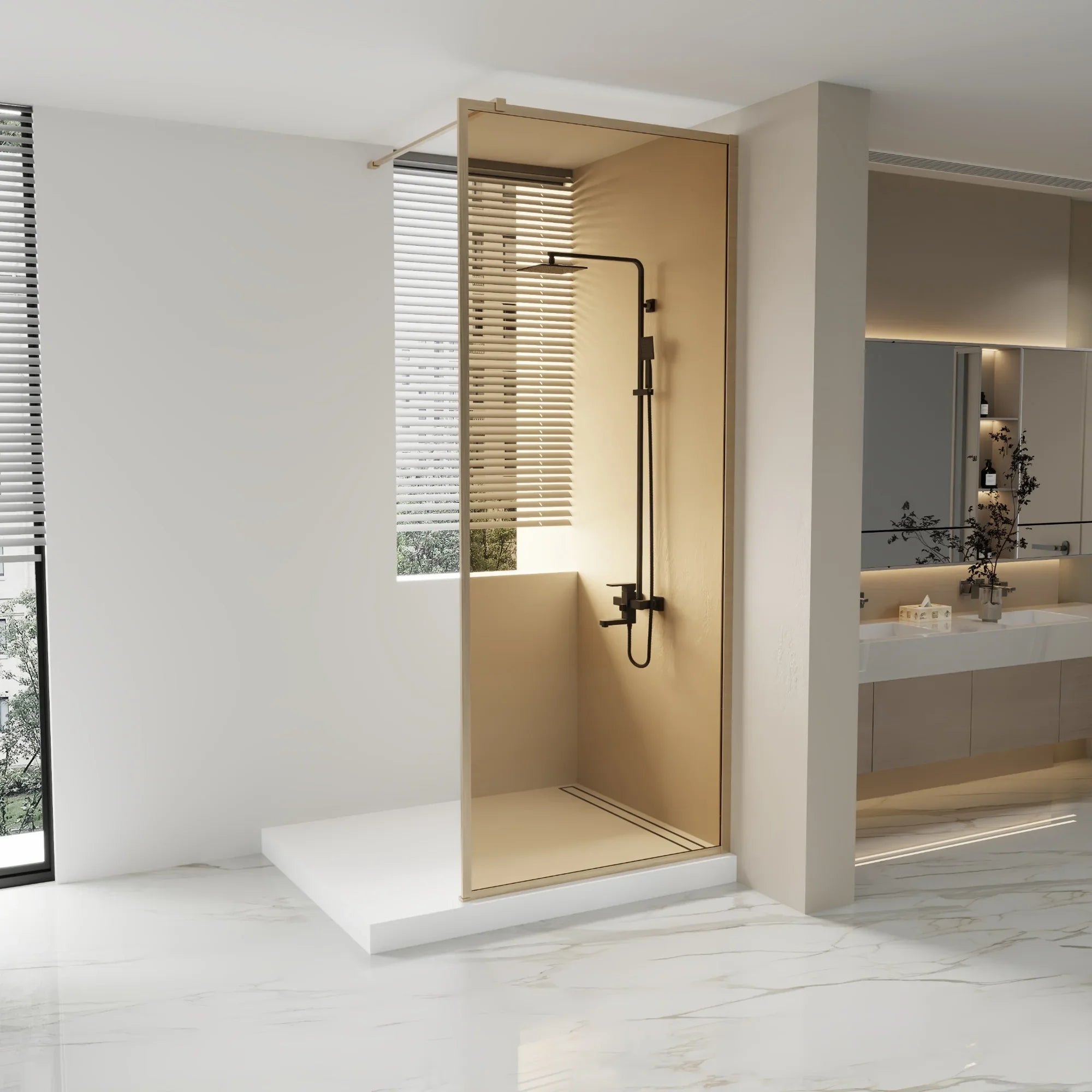 34" x 79" Reversible Framed Walk-In Shower Panel in Brushed Gold with Brown Tinted Glass