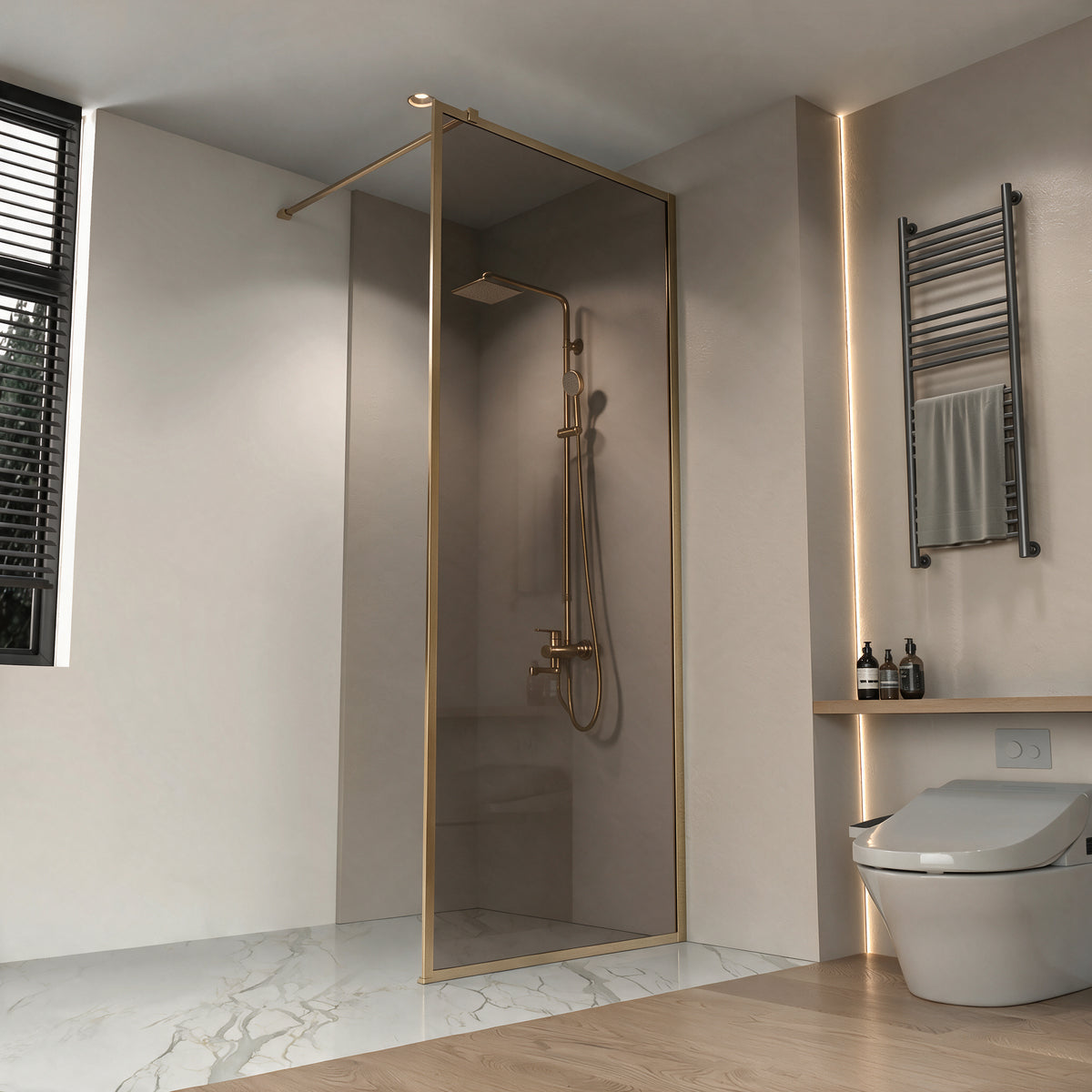 34" x 79" Reversible Framed Walk-In Shower Panel in Brushed Gold with Brown Tinted Glass
